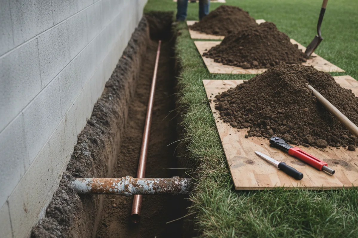 Excavated water line trench during Water Heater Repair in Graniteville